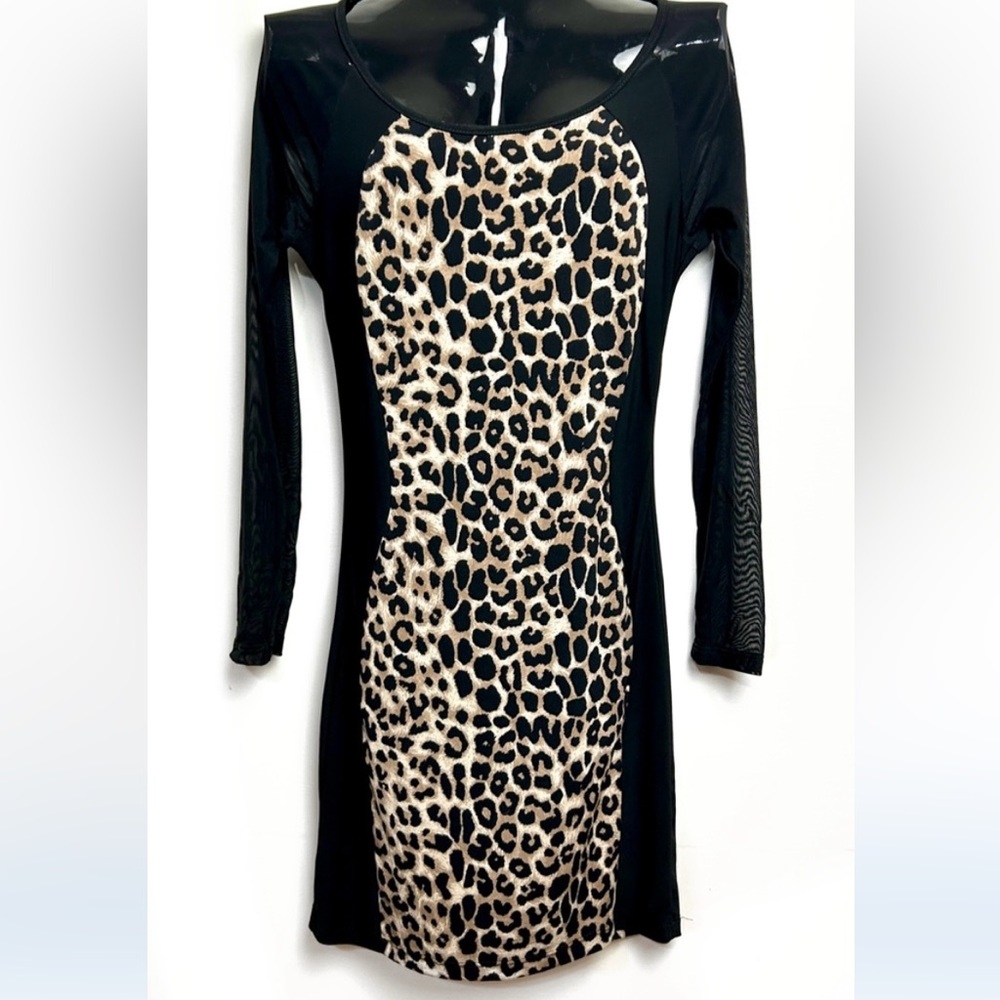 Iris Leooard Print 4 Panel Sheer Black Long Sleeve Hot Mama Dress Like Brand New